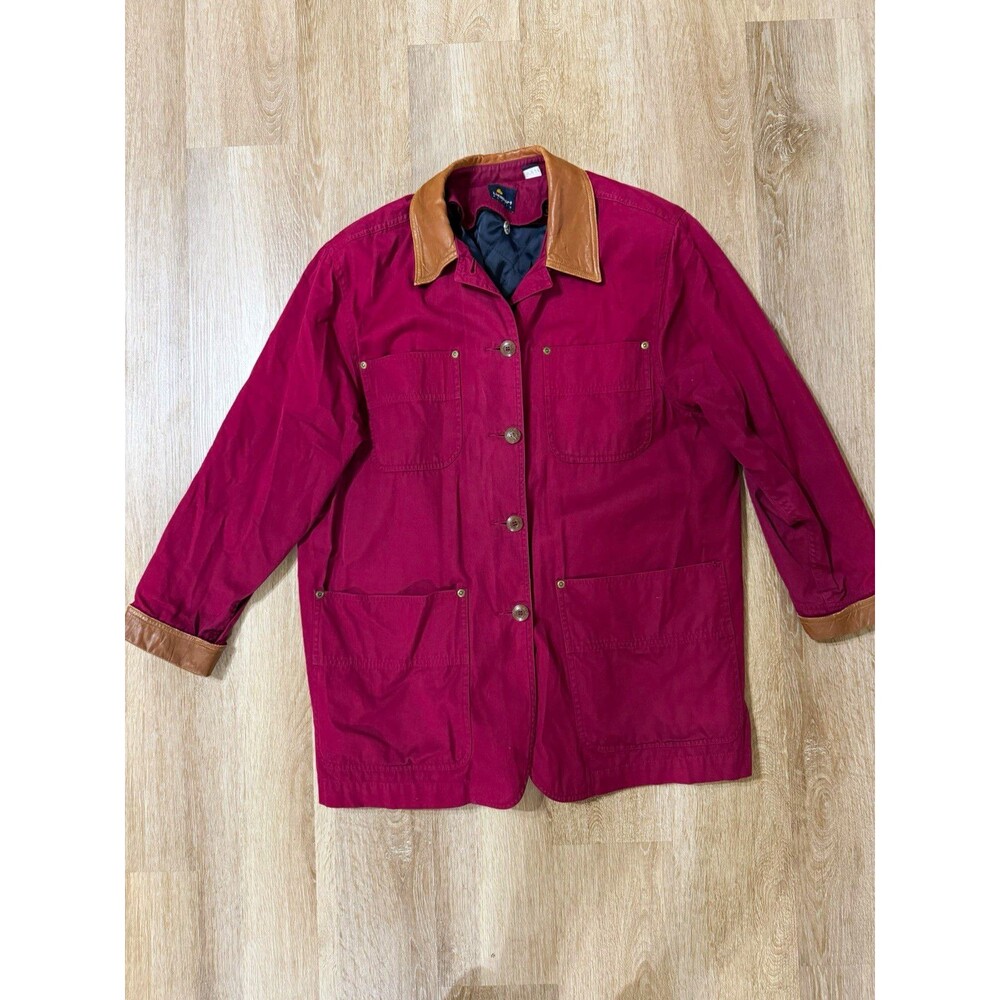 LizSport Petite Burgundy Cotton Jacket Chore Barn Coat Womens Medium Collar VTG
